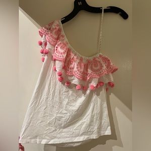 Lilly Pulitzer S One Shoulder Cotton Tank with Pink Embroidery and Puff Balls